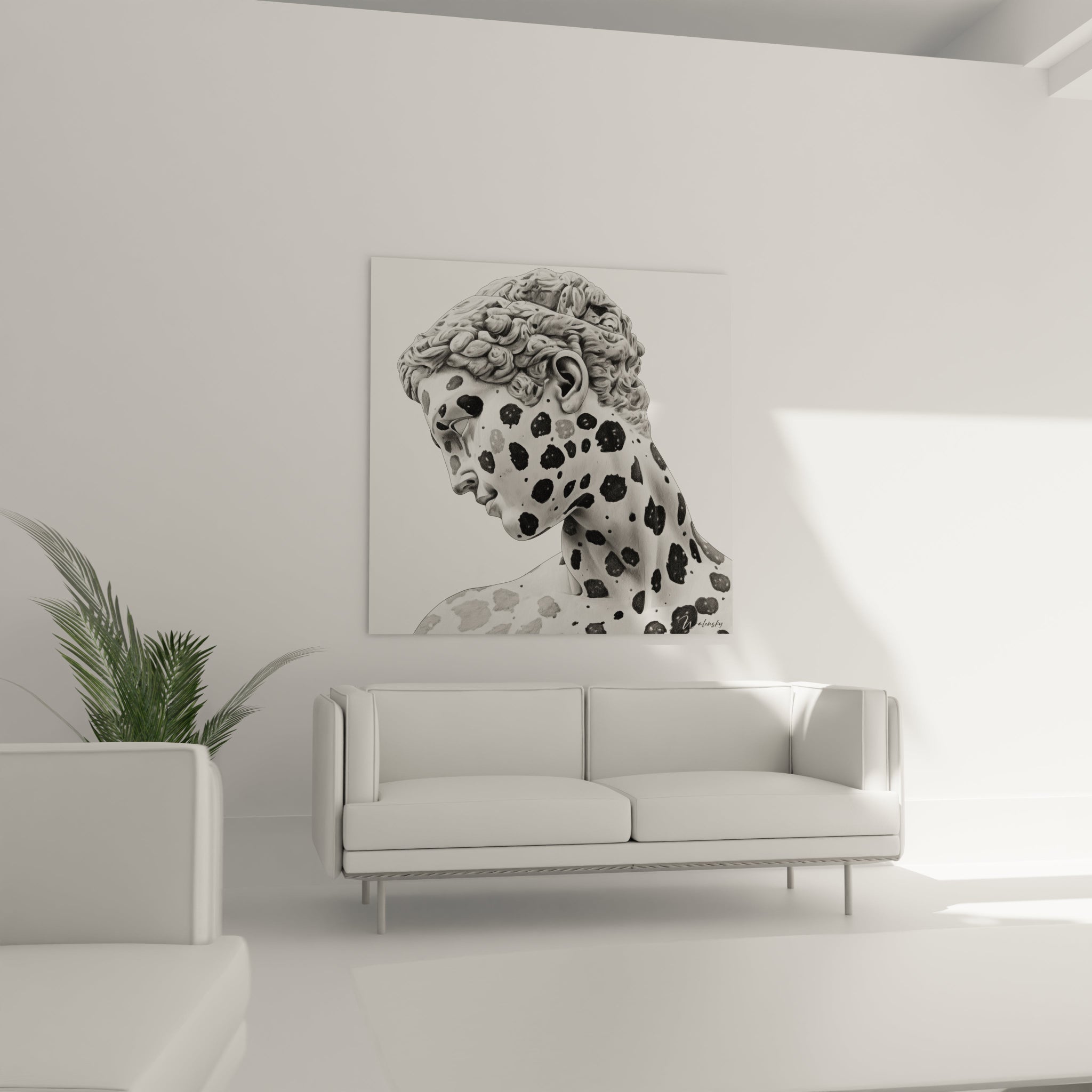 Tableau visage noir et blanc de Walensky avec un portrait stylisé en taches sur fond clair