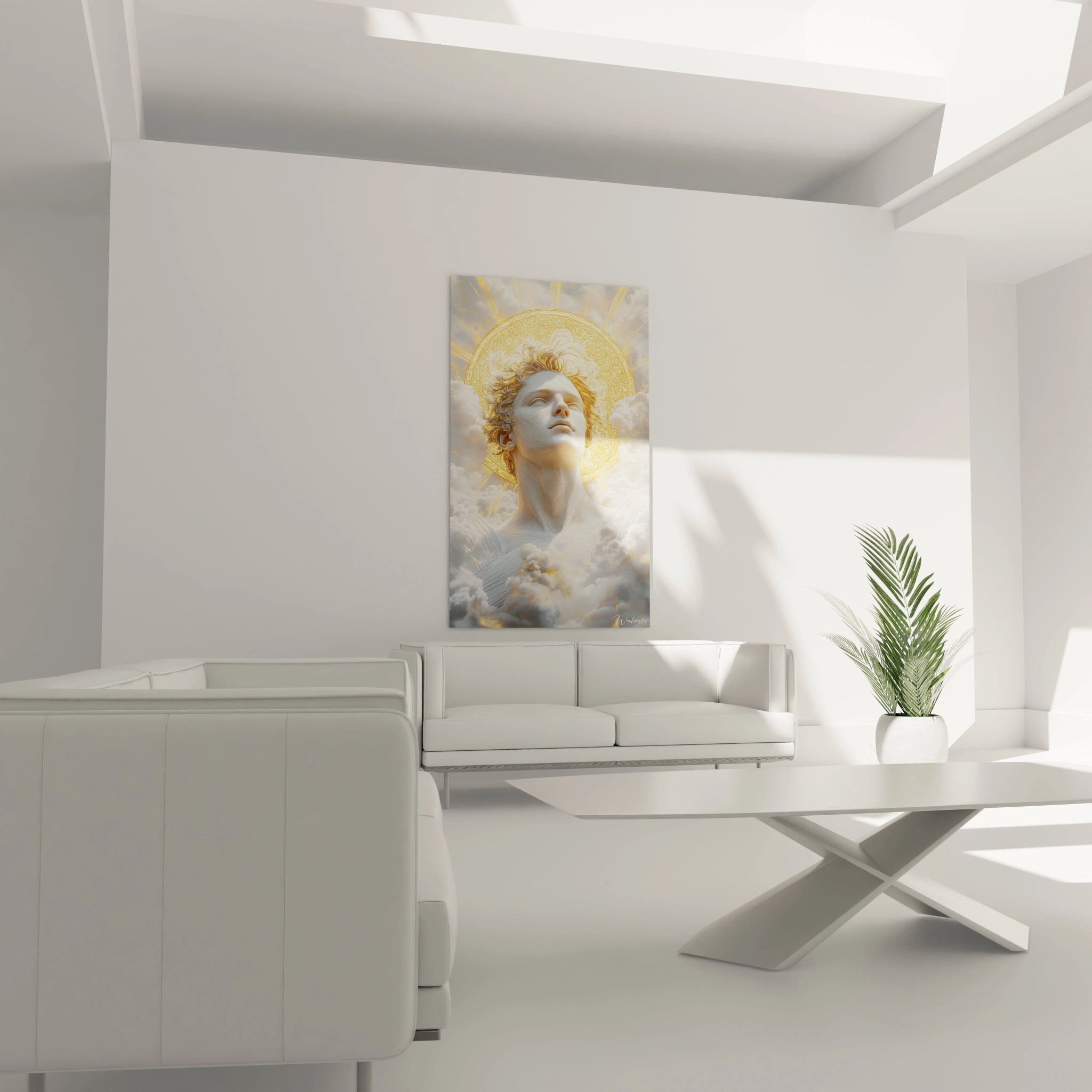 Un tableau Apollon présentant un visage masculin sculptural blanc levé vers le ciel, encadré par des cheveux bouclés aux reflets dorés. L'œuvre combine textures marmoréennes et nuages éthérés gris avec un halo doré finement ciselé.

