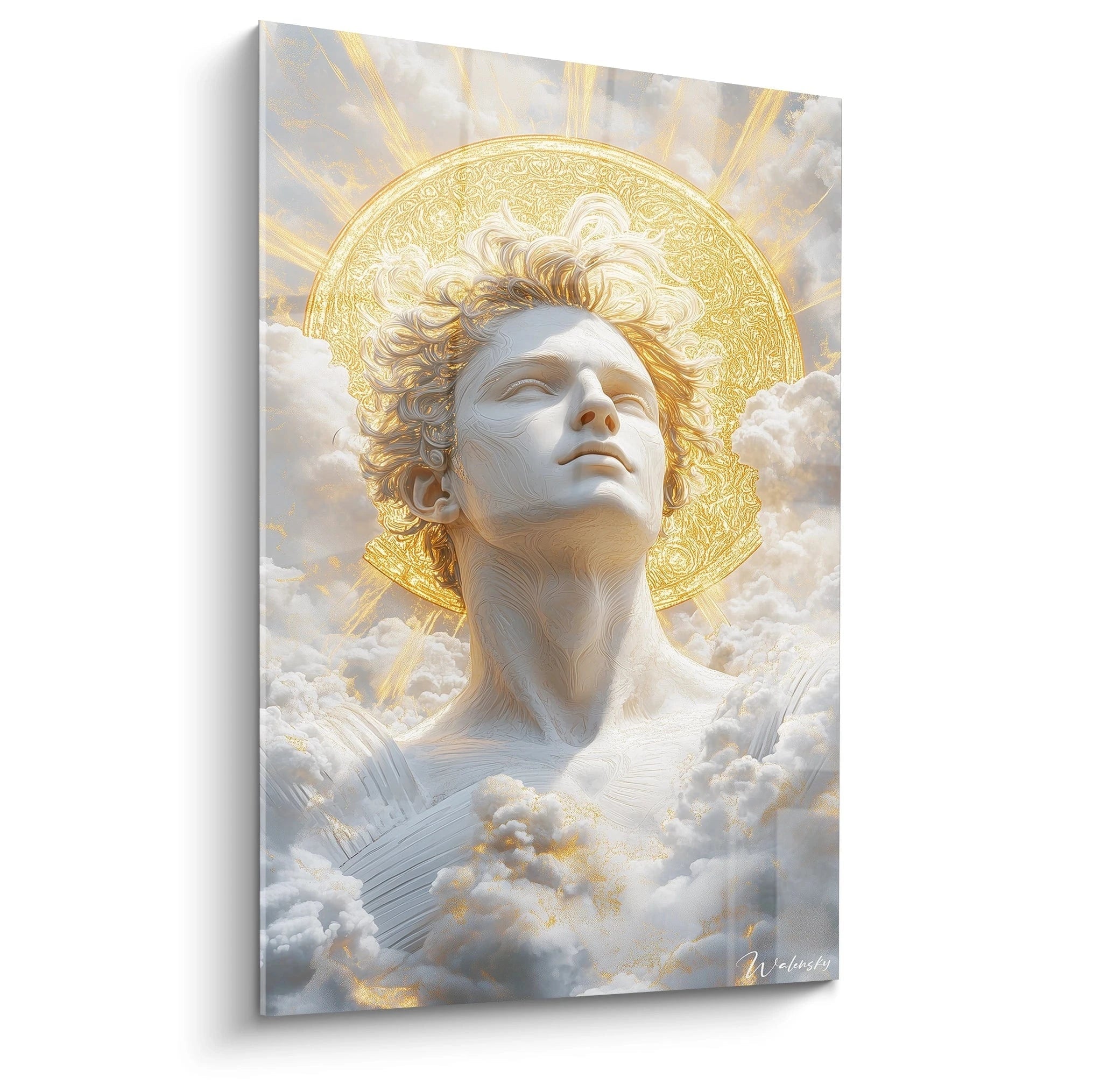 Un tableau Apollon représentant un buste masculin blanc à l'apparence sculpturale, entouré d'un halo doré circulaire et de nuages gris vaporeux. Le visage aux cheveux bouclés dorés est tourné vers le ciel avec une expression sereine.
