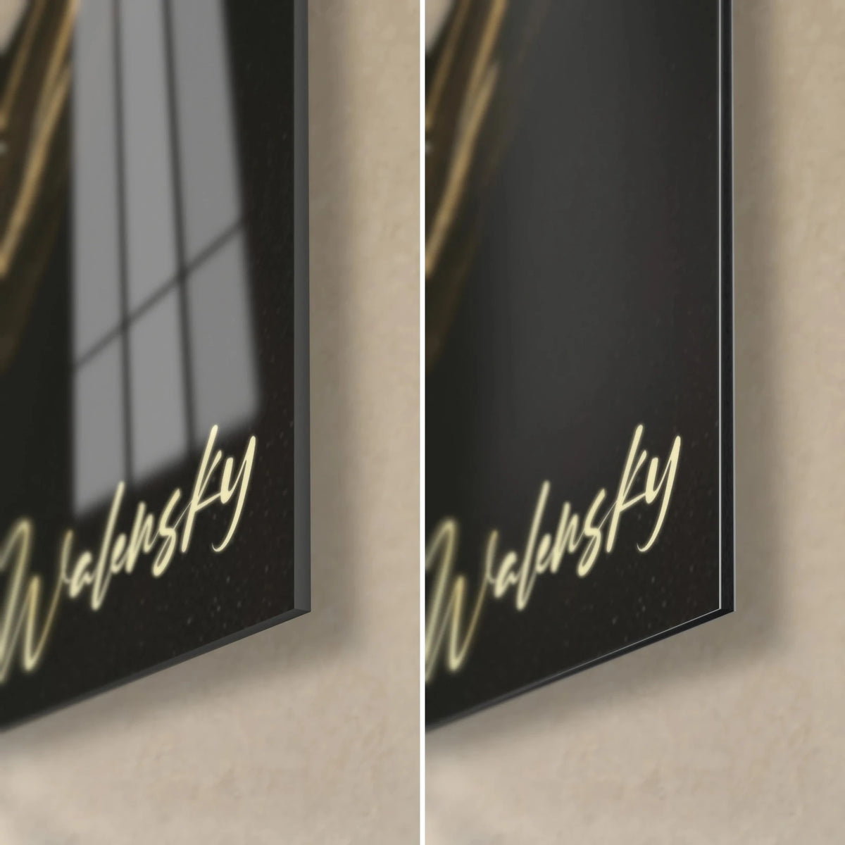 Wall art sculptural profile in gold and black, bottom right corner: glossy acrylic glass on the left, matte Dibond on the right, thin edge