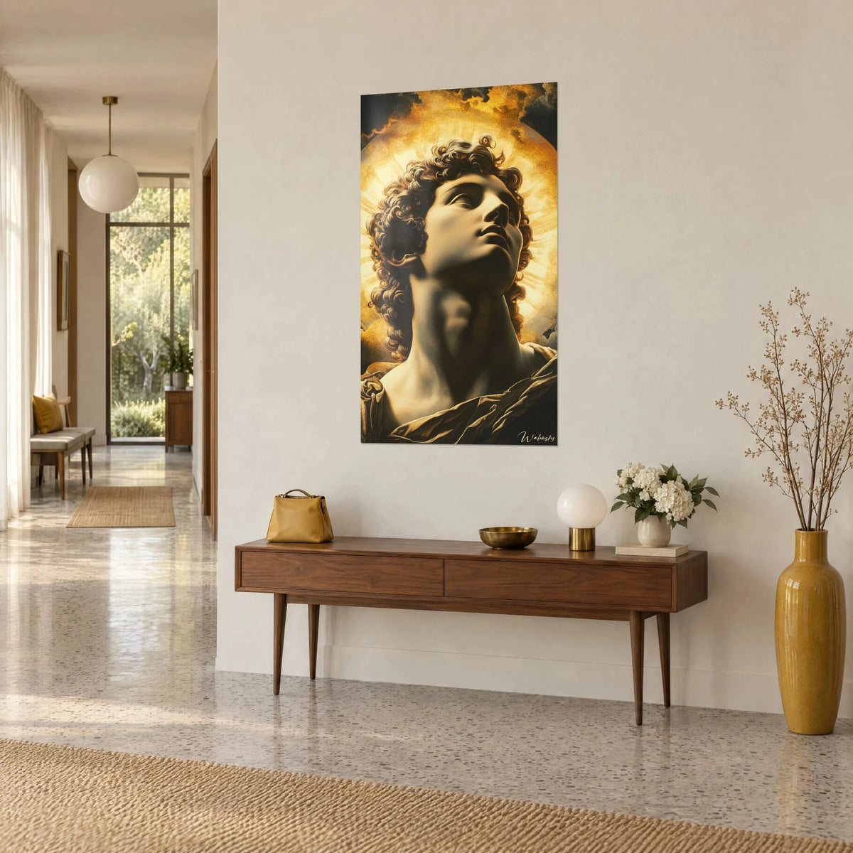 Wall art solar god in marble, face raised toward a yellow disc over black clouds, above a wooden console