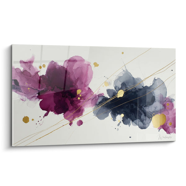 Abstract aquarel schilderij in paars en blauw met gouden accenten - Bloemige Harmonie - Feng shui Zuid-Oost Hout editie