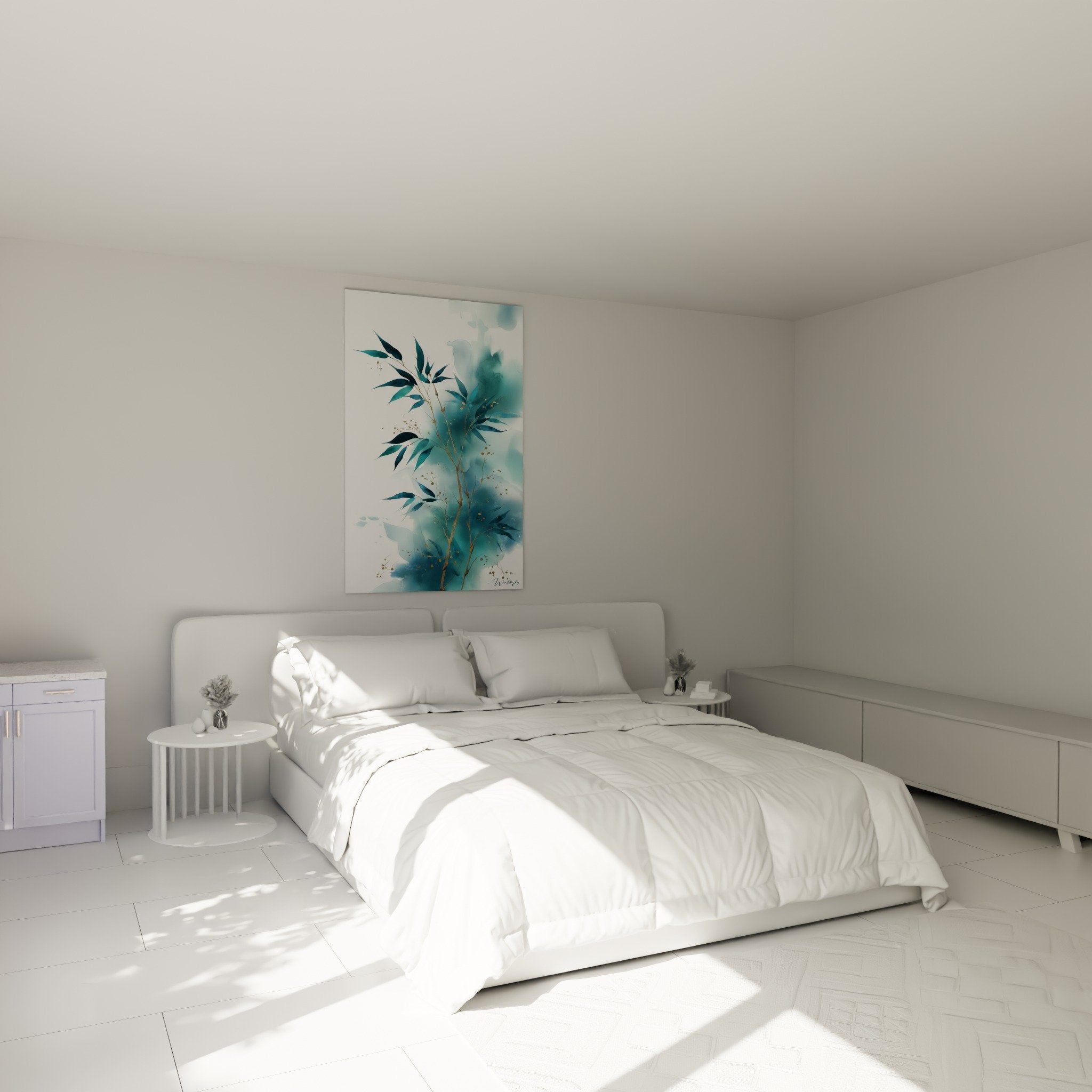 Blue watercolor botanical artwork in master bedroom feng shui north water decoration