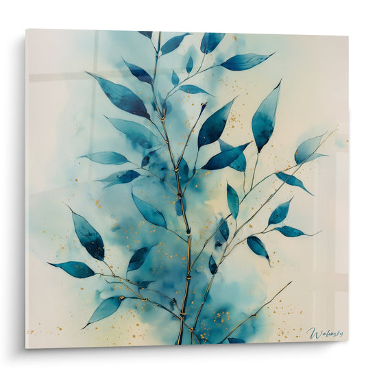 tableau aquarelle branches bleues feuilles elegantes touches dorees decoration murale feng shui nord eau