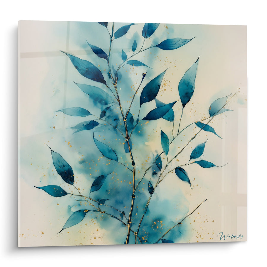 Tableau Branches aux Feuilles Bleues Aquarellées avec Touches Dorées - Sérénité Végétale - Edition Feng shui Nord Eau
