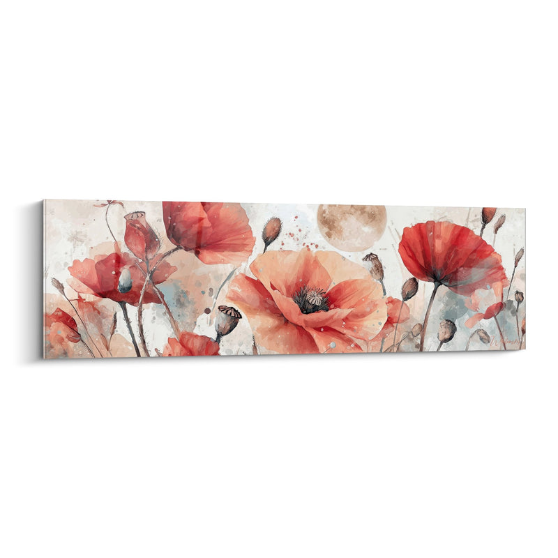 Tableau fleurs rouge corail en aquarelle avec éclats de couleurs sur fond beige - Floraison Délicate - Edition Coquelicot