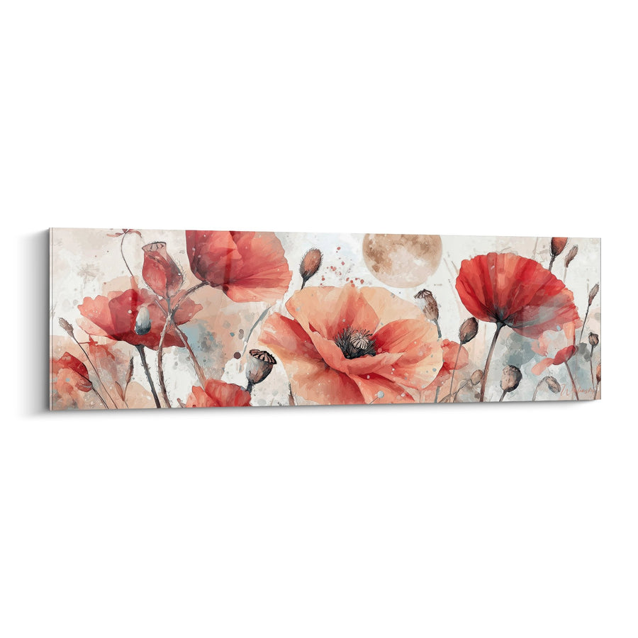 Tableau fleurs rouge corail en aquarelle avec éclats de couleurs sur fond beige - Floraison Délicate - Edition Coquelicot