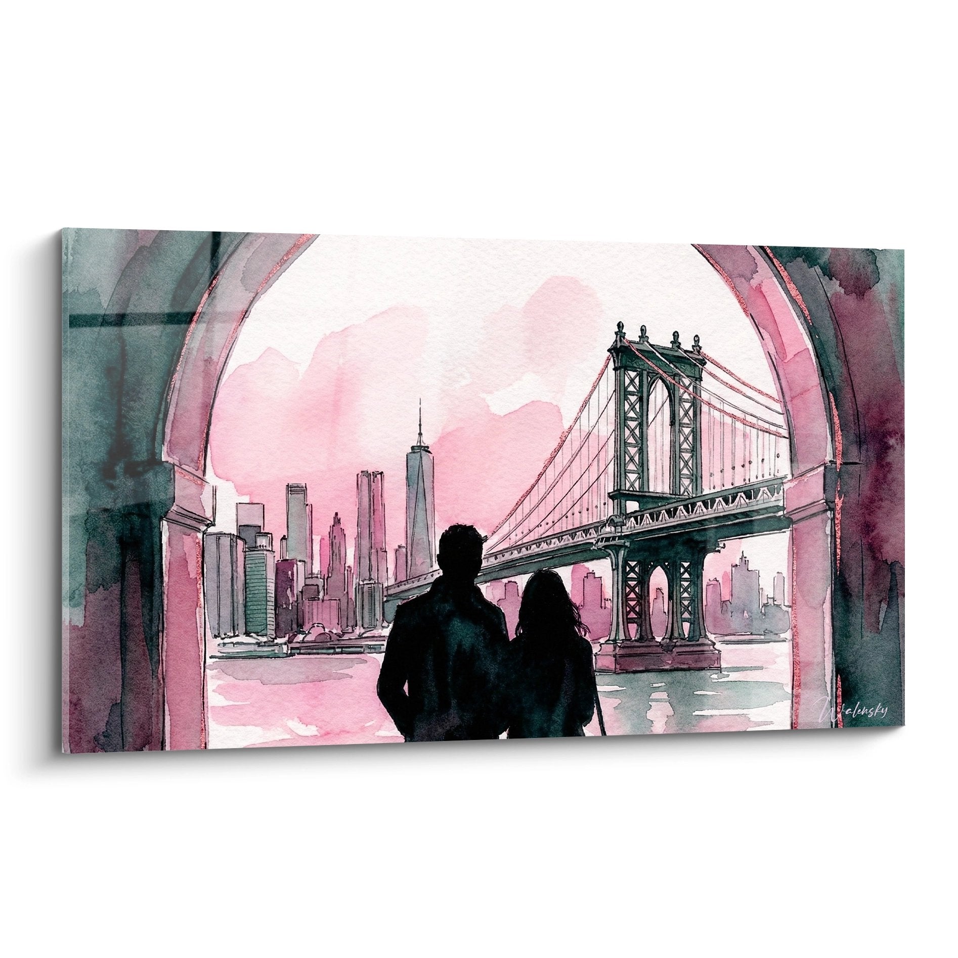 Tableau aquarelle couple silhouettes contemplant pont Manhattan teintes roses turquoises romantique déco murale