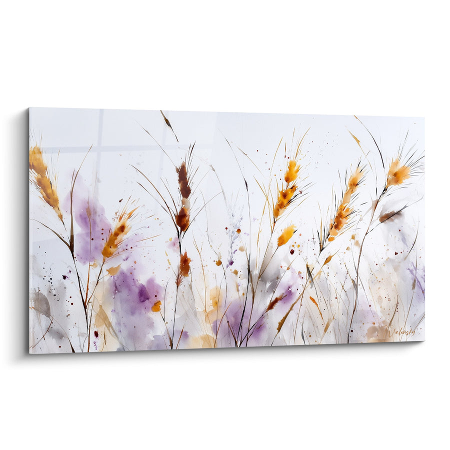 Tableau aquarelle épis de blé dorés et violets - Douceur champêtre - Edition Graminées