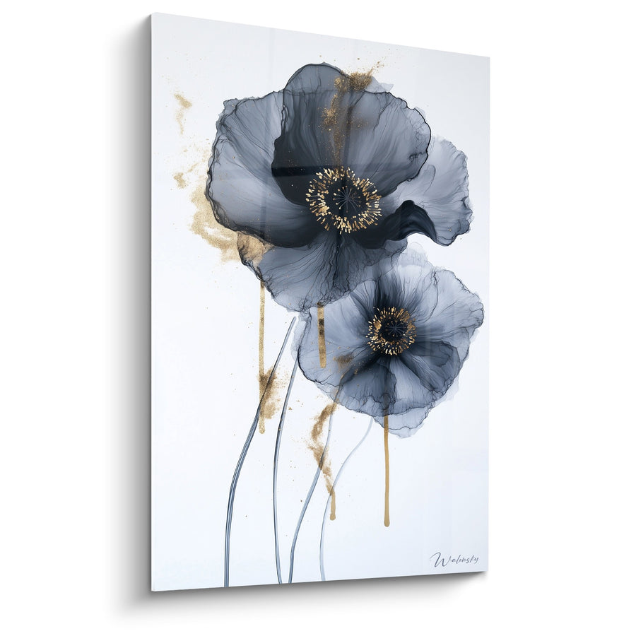 Tableau Fleurs Bleues Dorées Aquarelle - Élégance Florale - Edition Marbre abstrait