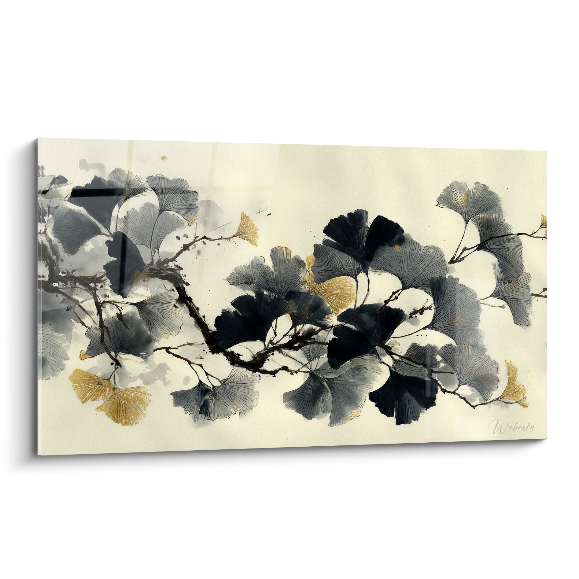 Tableau aquarelle feuilles ginkgo gris anthracite doré branches sinueuses fond ivoire art mural végétal décoratif