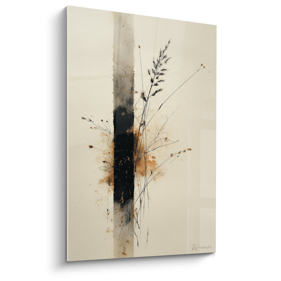 Aquarel schilderij met minimalistische beige en zwarte tinten met gedroogde kruiden - Natuurlijke elegantie - Editie Graminée