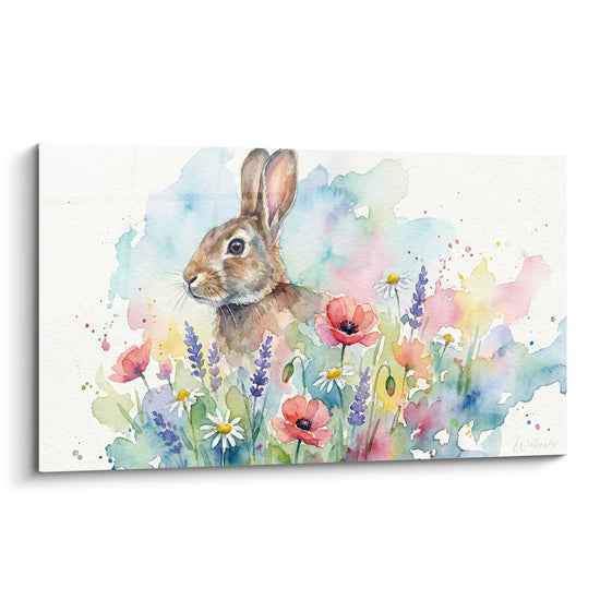 Quadro Coniglio dalle Tonalità Acquerello in un Prato di Fiori Multicolori - Dolcezza Primaverile - Edizione Coniglio