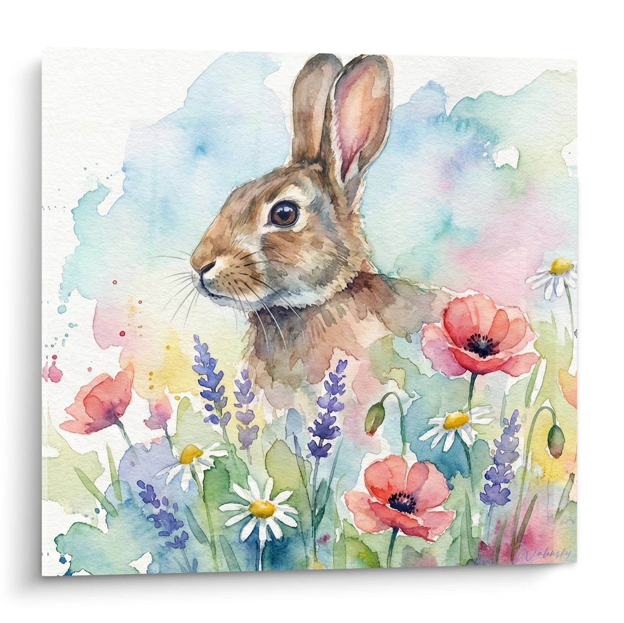 Aquarellgemälde brauner Hase in blühendem Feld mit rosafarbenen Mohnblumen, Lavendel und Gänseblümchen im sanften Landstil