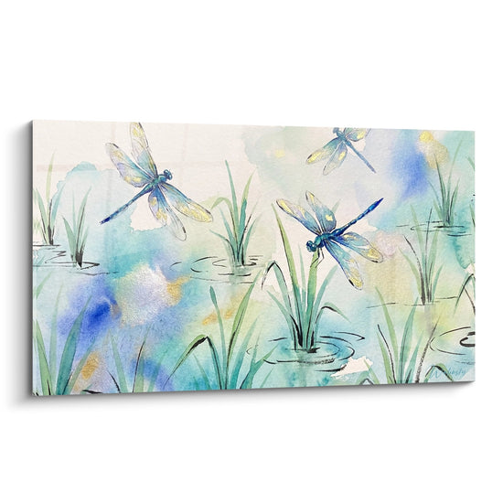 Quadro libellule acquerello blu e verde in uno stagno - Danza sopra l'acqua - Edizione Risaie