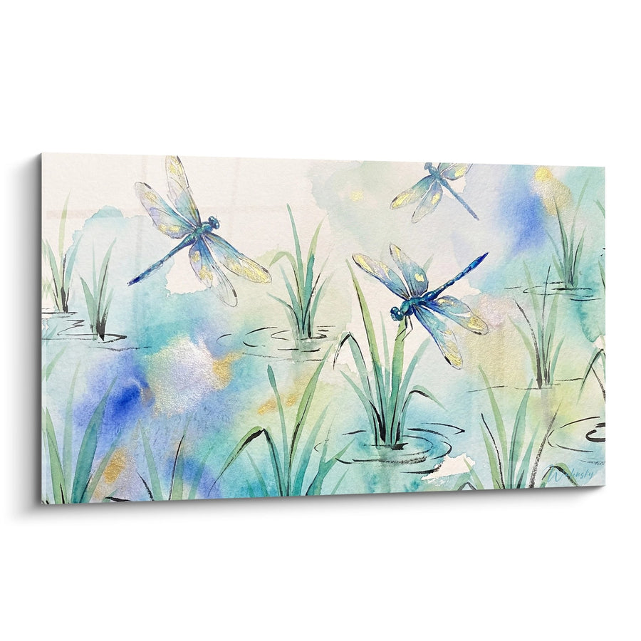 Tableau libellules aquarelle bleues et vertes dans un étang - Danse au-dessus de l'eau - Edition Rizières