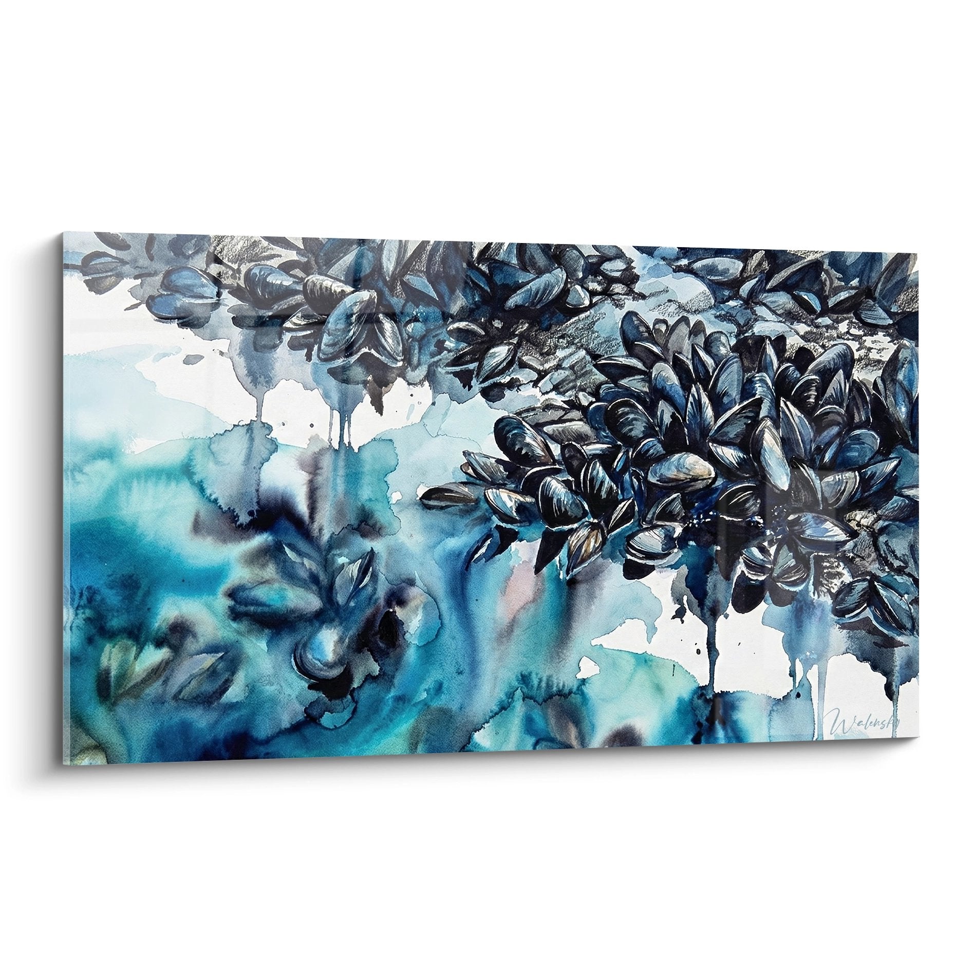 Aquarelle de moules bleues et noires sur fond turquoise - art marin décoratif edition moule