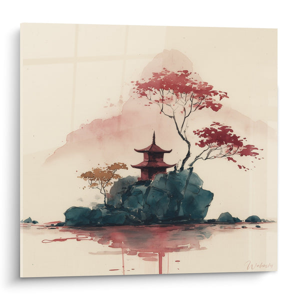 Aquarel schilderij rode pagoda op rotsen met kersenbloesems - Zen harmonie - Pagode Editie