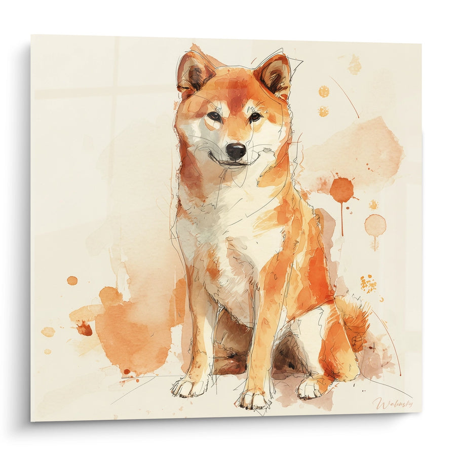 Tableau Chien Roux à l'Aquarelle Assis de Face - Portrait Artistique - Edition Shiba Inu