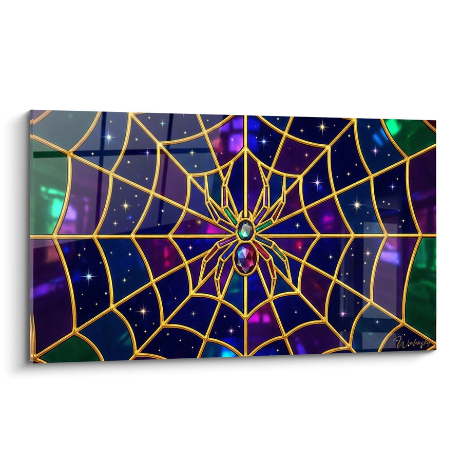 Tableau Araignée Dorée sur Toile Cosmique Violette et Émeraude - Majesté Stellaire - Edition Araignée