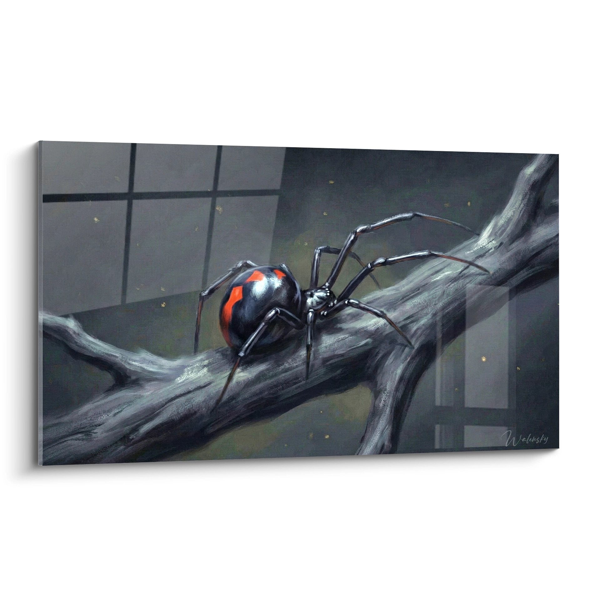 Schwarze Spinne mit roten Glanzlichtern auf grauem Ast in mystischer Nachtambiance mit goldenen Partikeln