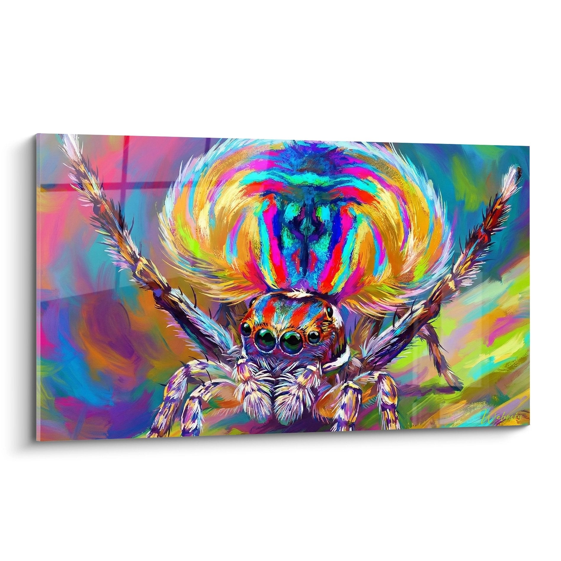 psychedelisches mehrfarbiges Spinnenwandgemälde mit grünen Augen auf wirbelndem Hintergrund in leuchtenden Farben zeitgenössische Kunst