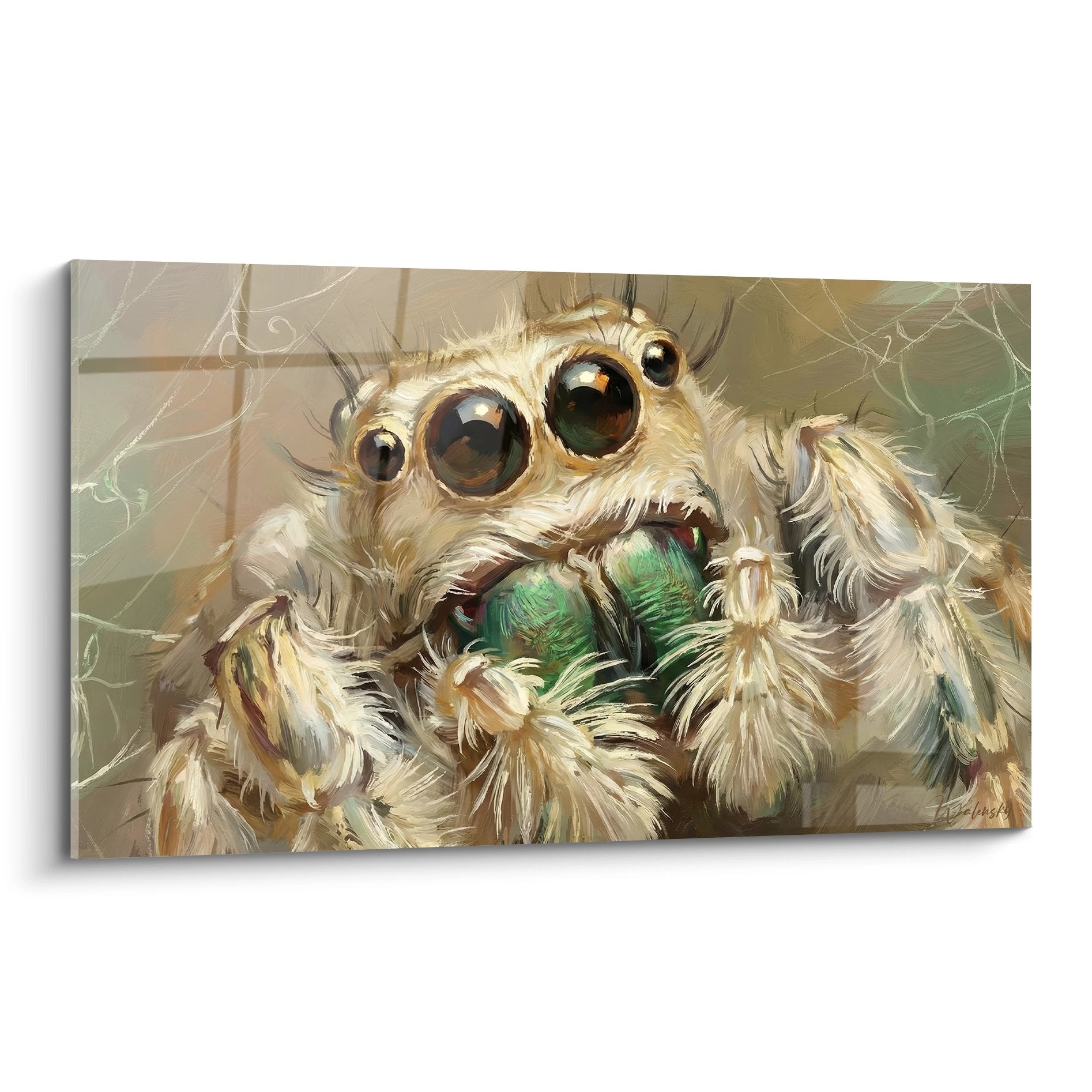 Springende Spinne mit glänzend goldenen Augen und flauschigem beigem Fell auf natürlichem Spinnennetz