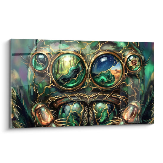 Spinnen-Wandbild mit goldenen Mehrfach-Augen und grünen Reflexen - Mystischer Blick - Edition Spinne