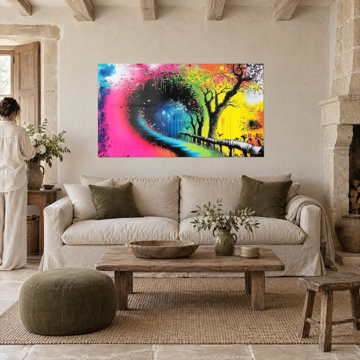 Wall art exploding tree in colors, fuchsia pink and sunny yellow, hung above a sofa in a bright living room in front of a woman seen from behind