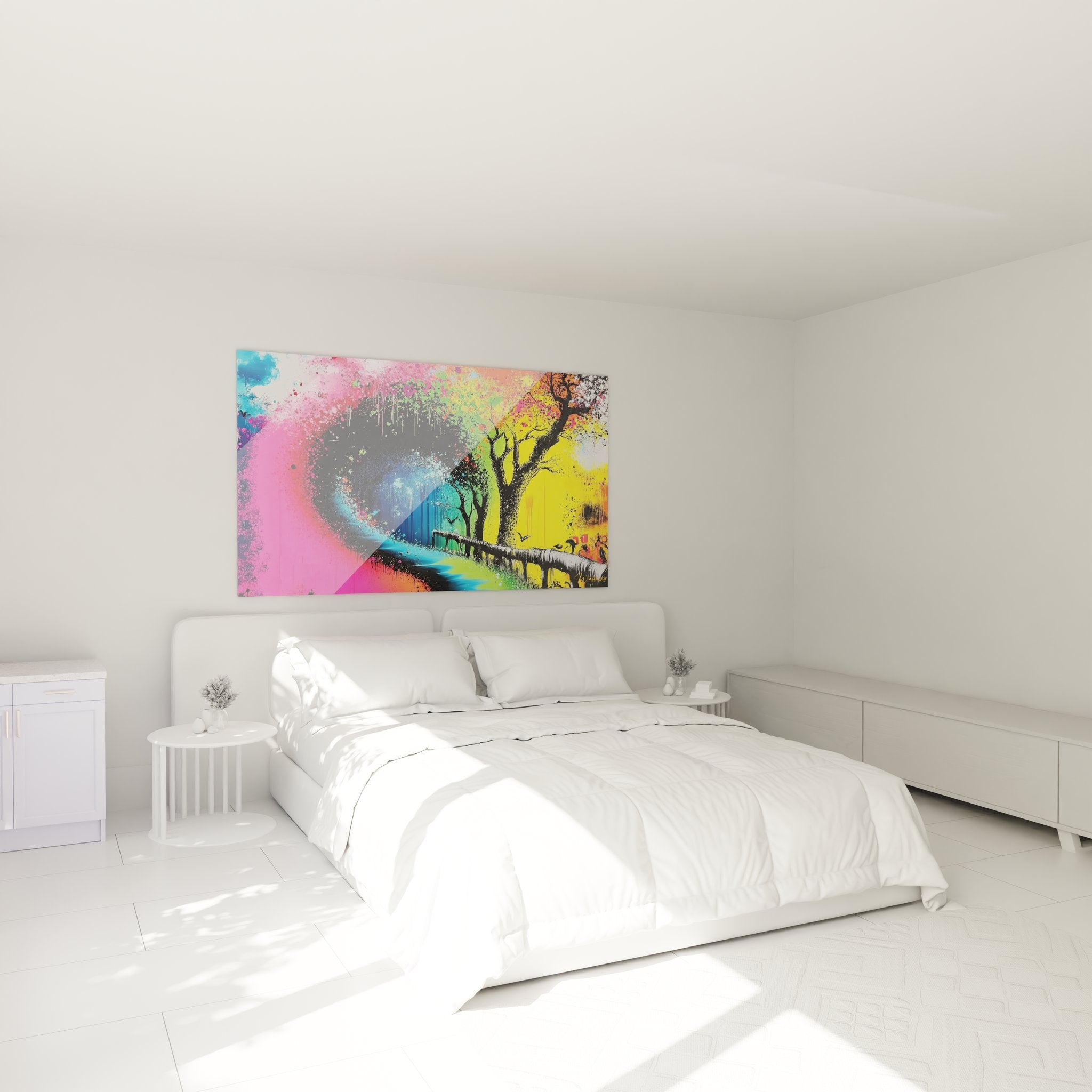 Ambiance chambre avec tableau arbre coloré abstrait aux couleurs vibrantes sur mur blanc