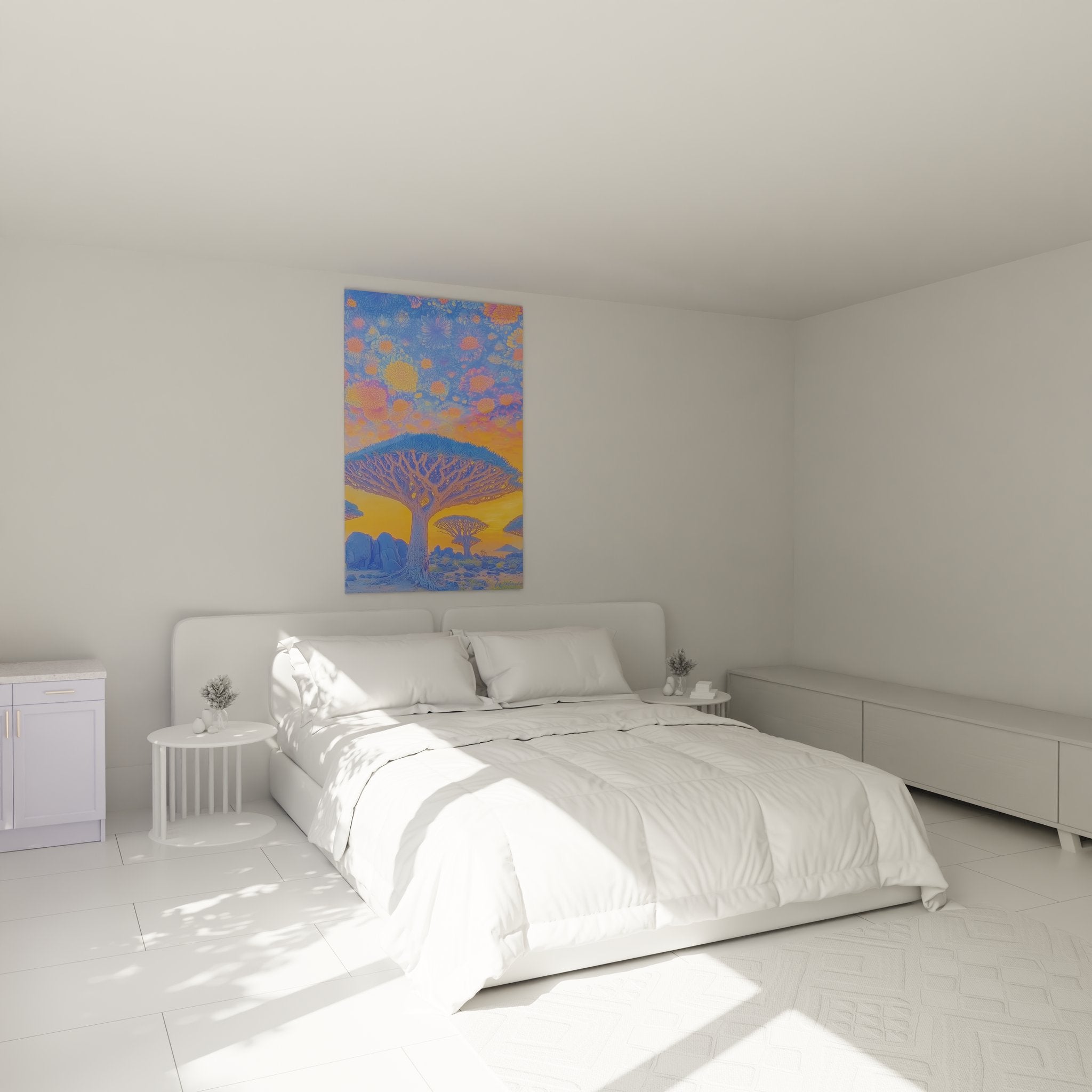 Tableau décoratif arbre africain et éléphants installé dans chambre ambiance exotique