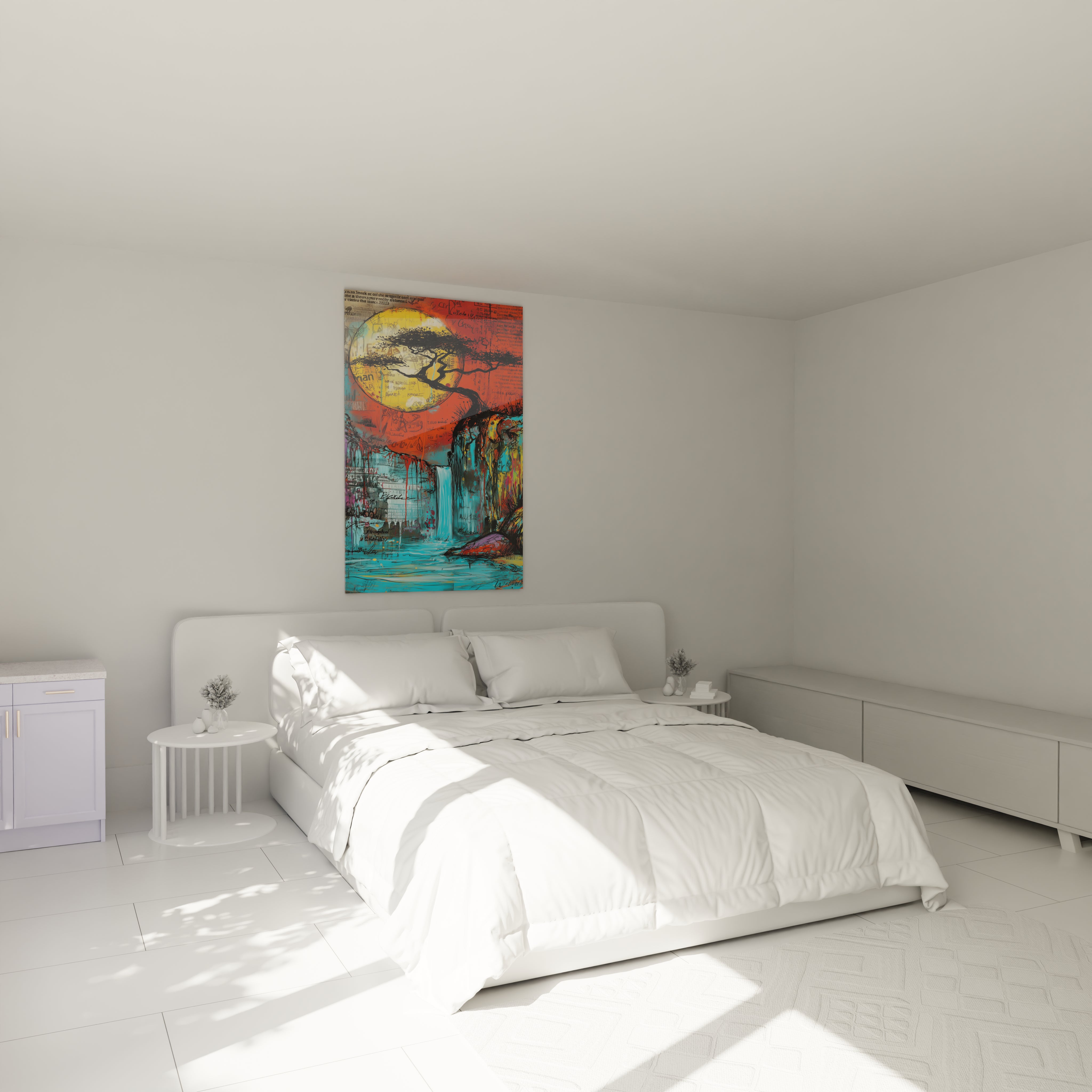 Tableau arbre africain mural coloré sur un mur de chambre avec lit blanc et décor minimaliste