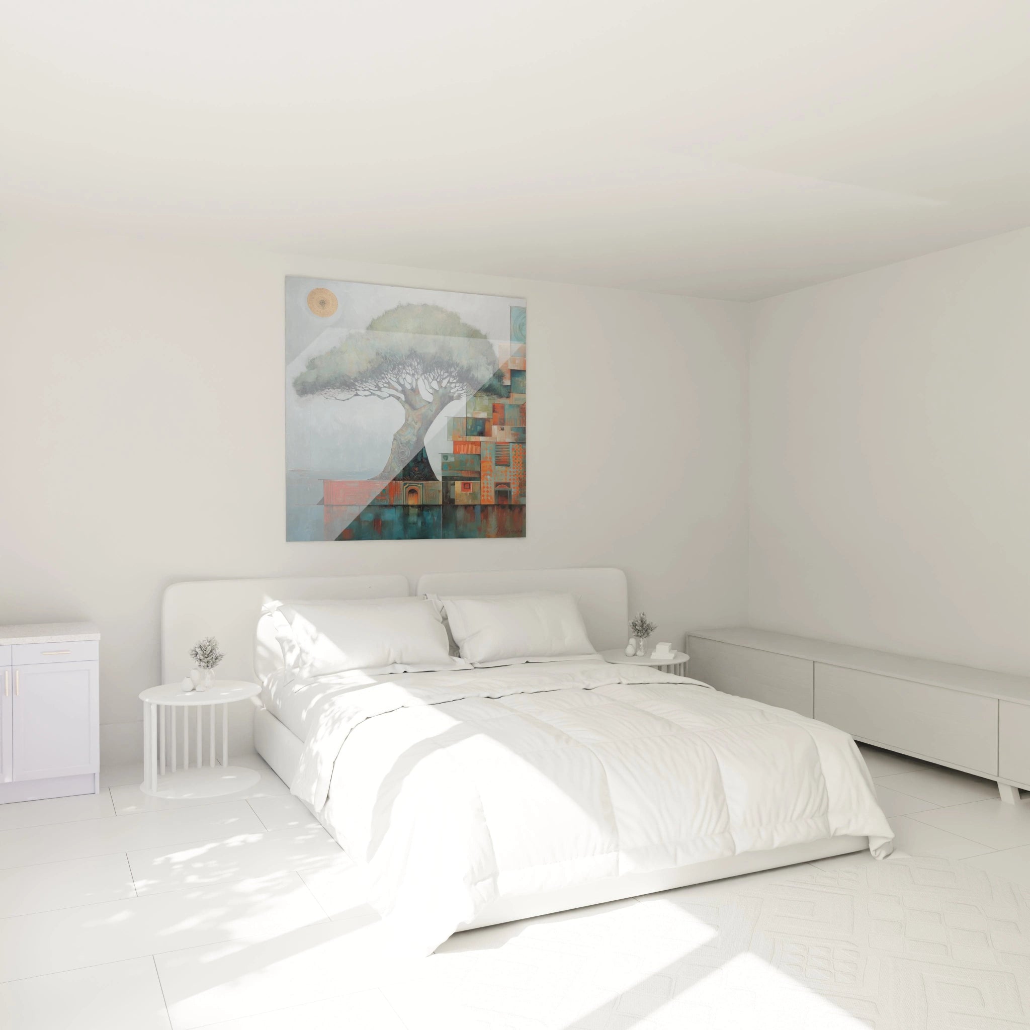 Tableau arbre baobab de Walensky décorant un mur dans une chambre moderne et lumineuse