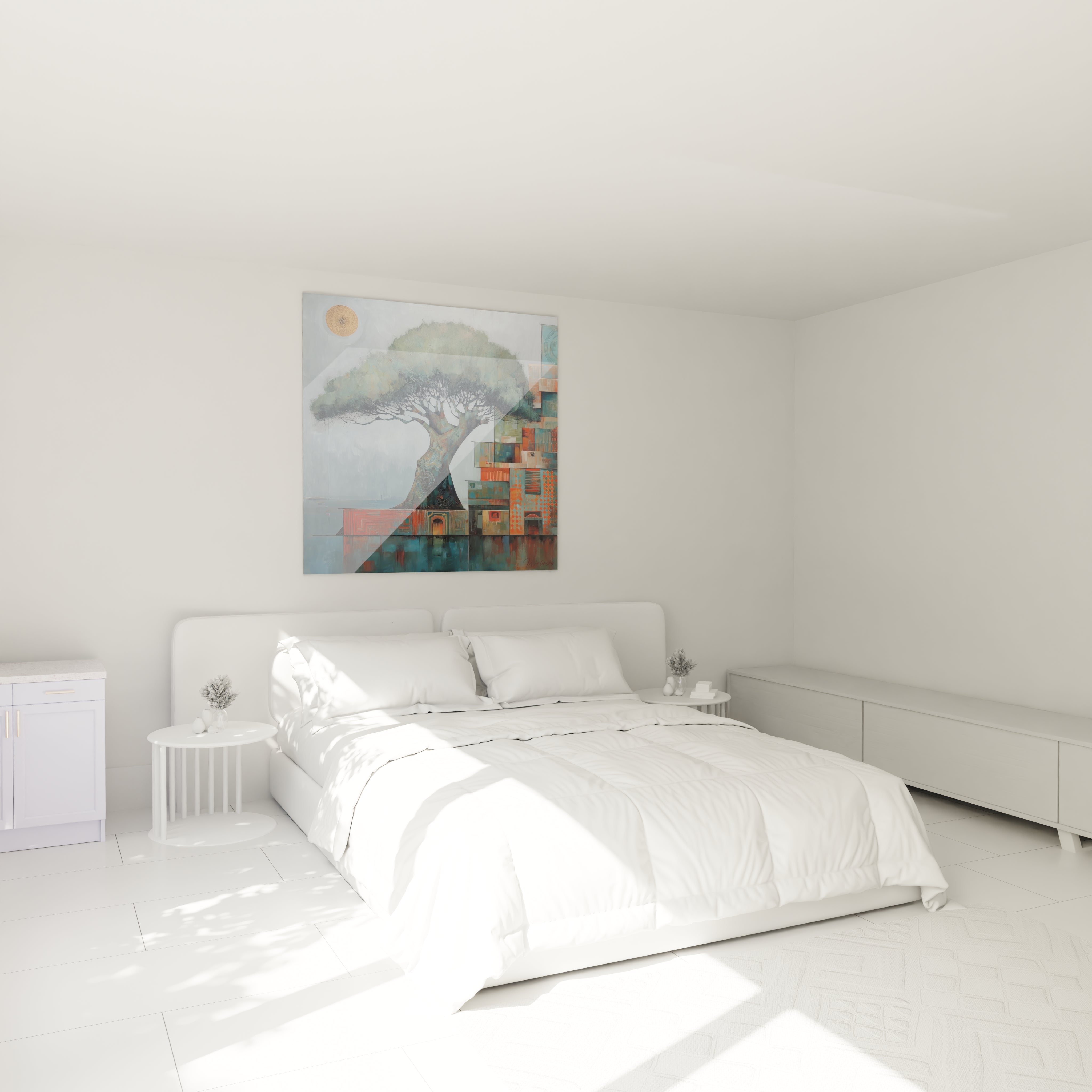 Tableau arbre baobab de Walensky décorant un mur dans une chambre moderne et lumineuse