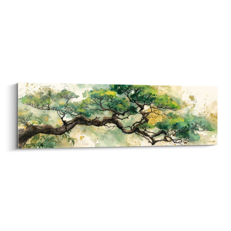 Wall Art Tree with Sinuous Branches Green and Gold Tones - Natural Harmony - Feng Shui East Wood Edition