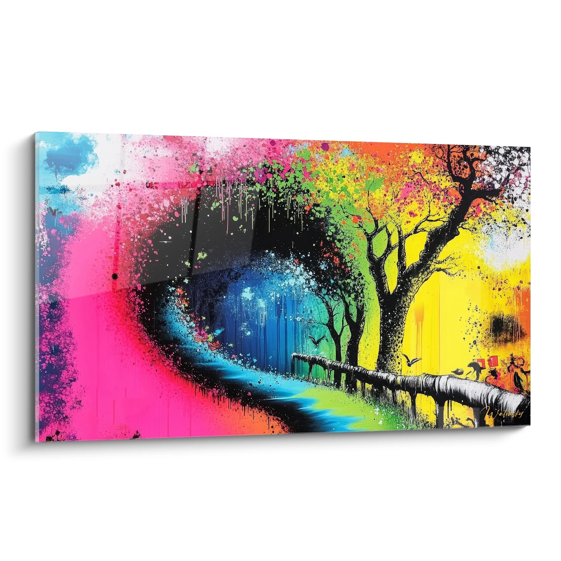 Tableau mural arbre coloré avec explosion de couleurs abstraites et éclaboussures multicolores
