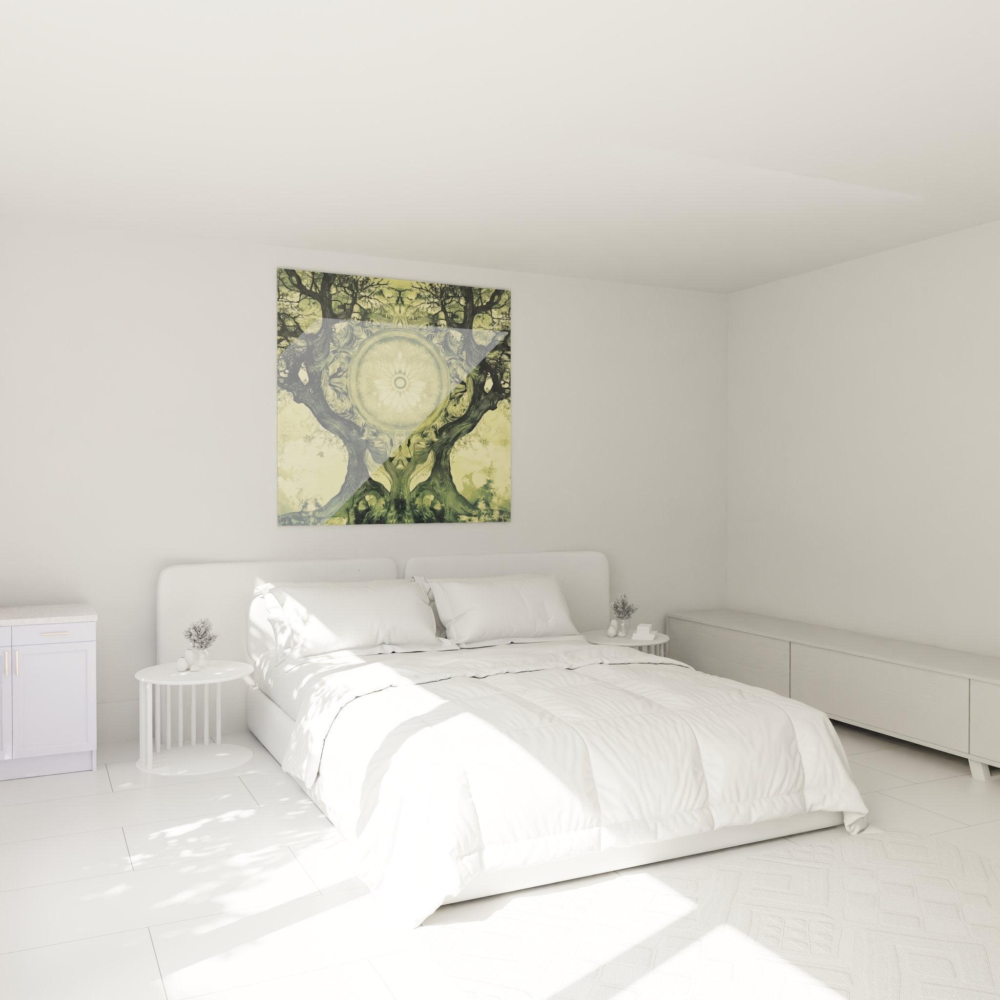 Tableau arbre cosmique mandala dans chambre moderne, décoration murale fractale aux tons verts dorés
