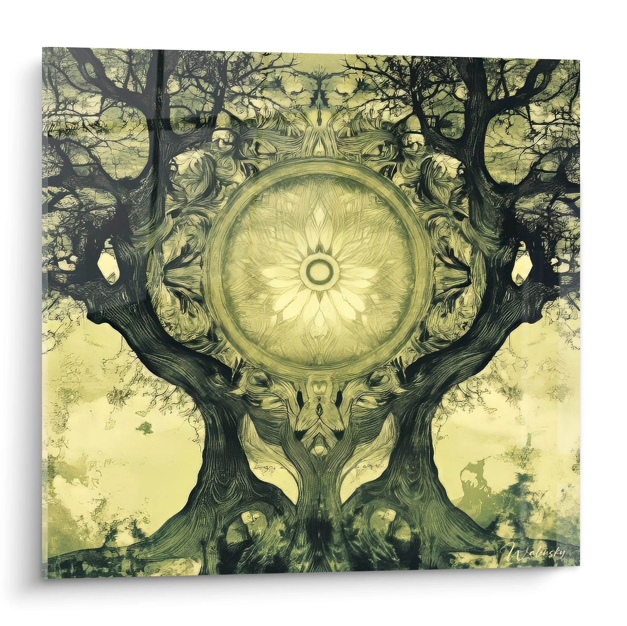 Tableau mural arbre cosmique avec mandala central doré, art fractal vert et or pour décoration mystique