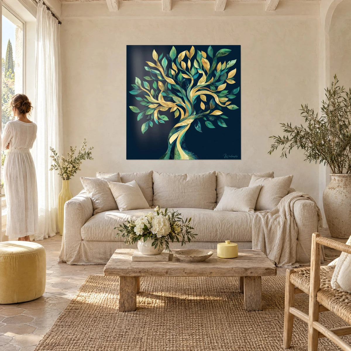 Schilderij levensboom met gouden en turquoise bladeren op een nachtblauwe achtergrond, vrouw in een witte jurk, boven een bank in een lichte woonkamer