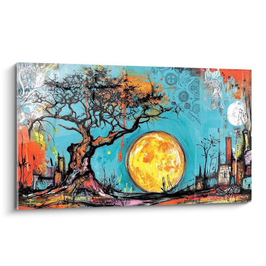 Quadro murale albero africano colorato con un grande sole e un cielo vibrante