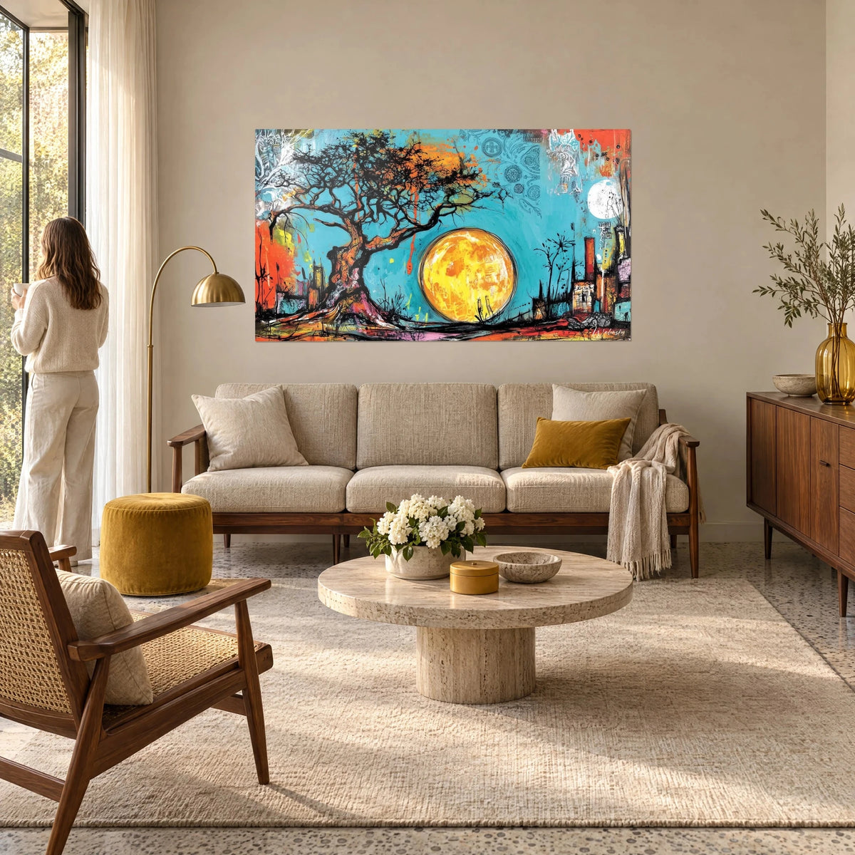 Quadro di un albero contorto dal fogliame nero a forma di artigli su cielo turchese, grande luna giallo dorato, sopra un divano in un soggiorno luminoso