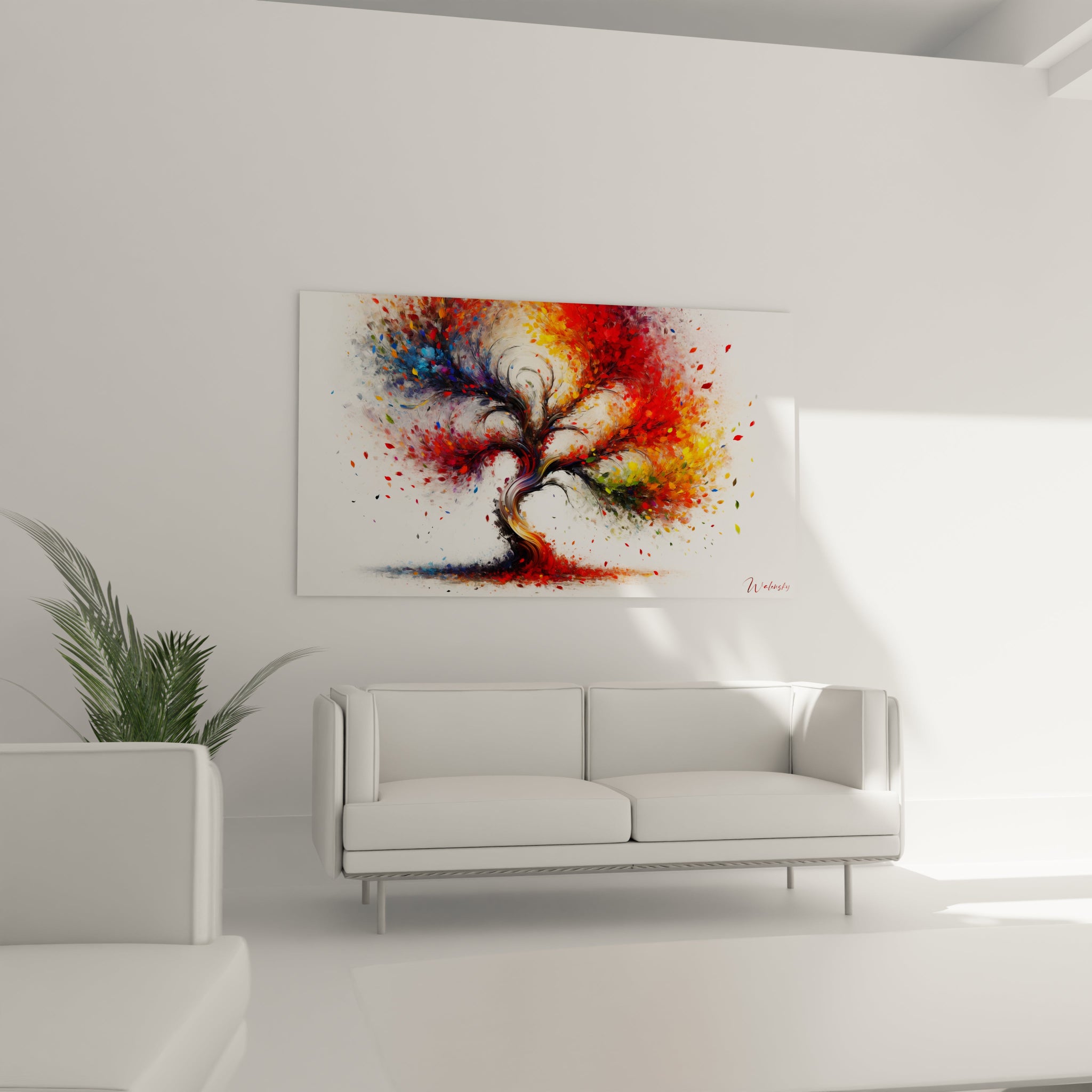 Tableau abstrait montrant un arbre aux formes dynamiques. Tronc ondulant sombre d'où jaillissent des éclats multicolores évoquant des feuilles. Composition riche en contrastes entre teintes chaudes orangées et froides bleutées. Textures fluides avec effet d'éclatement.

