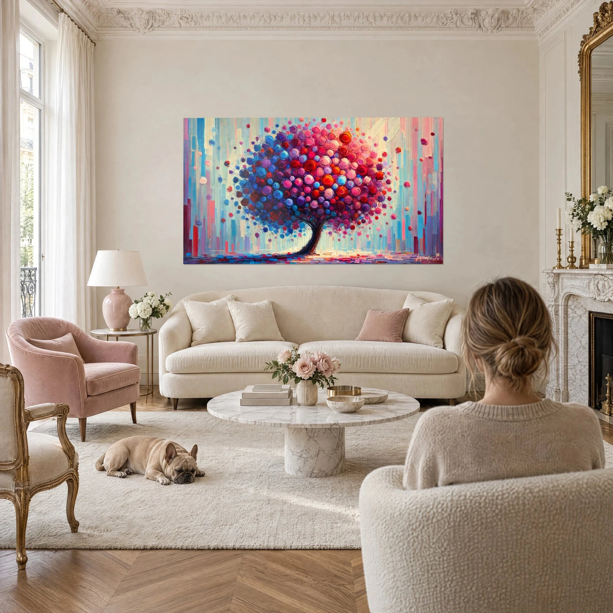 Wall art tree with round leaves in red, pink and blue, turquoise background, above a sofa in a bright living room