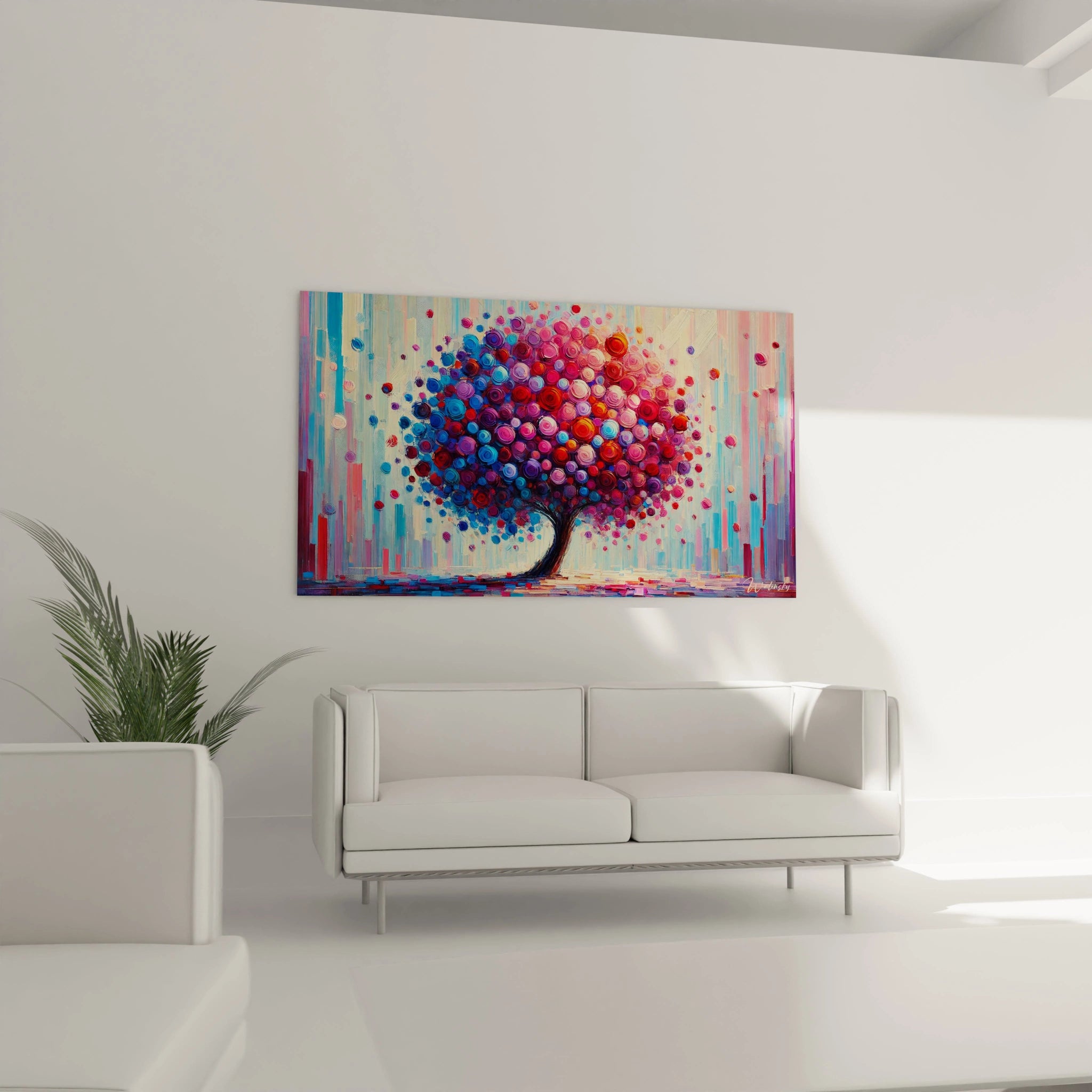 tableau Arbre accroche au mur dans un salon au dessus d un canape Les couleurs vibrantes de ce tableau arbre ajoutent une energie positive et une touche contemporaine a votre interieur

