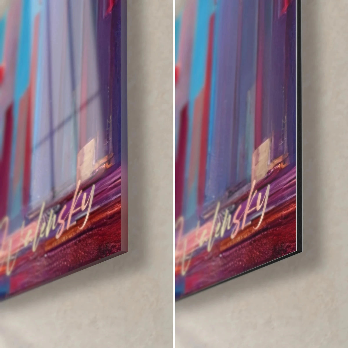 Wall art pastel tree, bottom right corner: glossy glass on the left, matte Dibond aluminium on the right, pink, violet and 3 mm edge