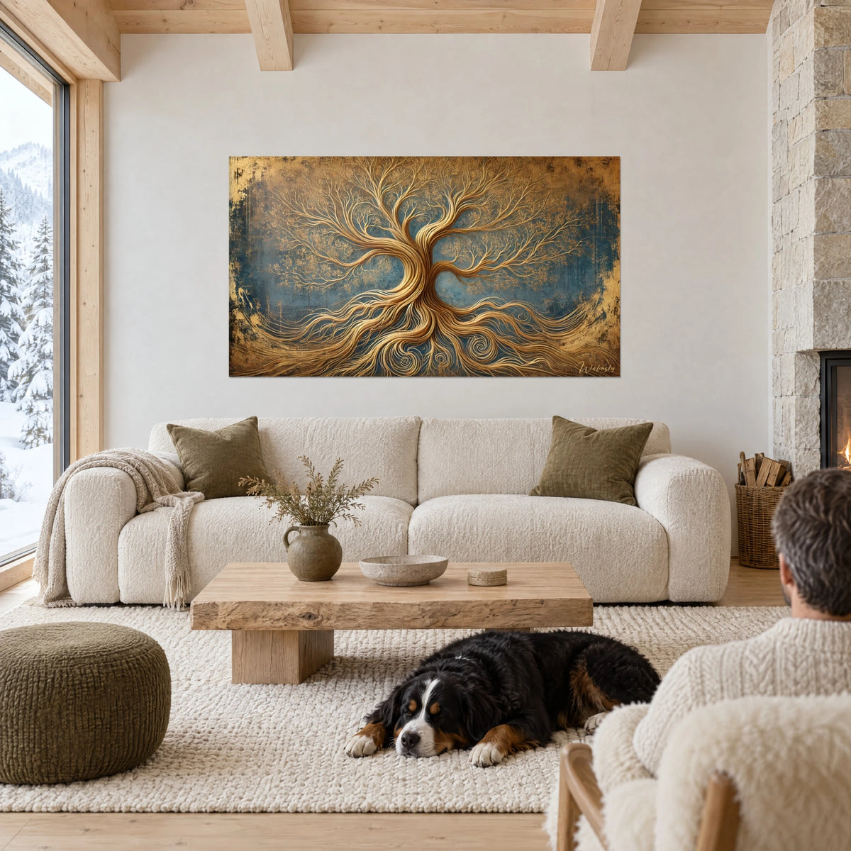 Cuadro árbol de la vida dorado con raíces en espiral sobre fondo azul patinado, encima de un sofá en un salón luminoso