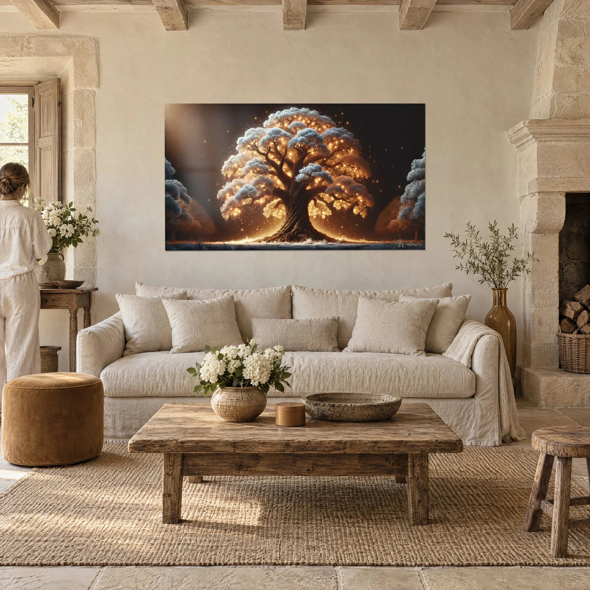Wall art ancient oak with frosted foliage and golden highlights, deep night-brown background, above a sofa in a bright living room
