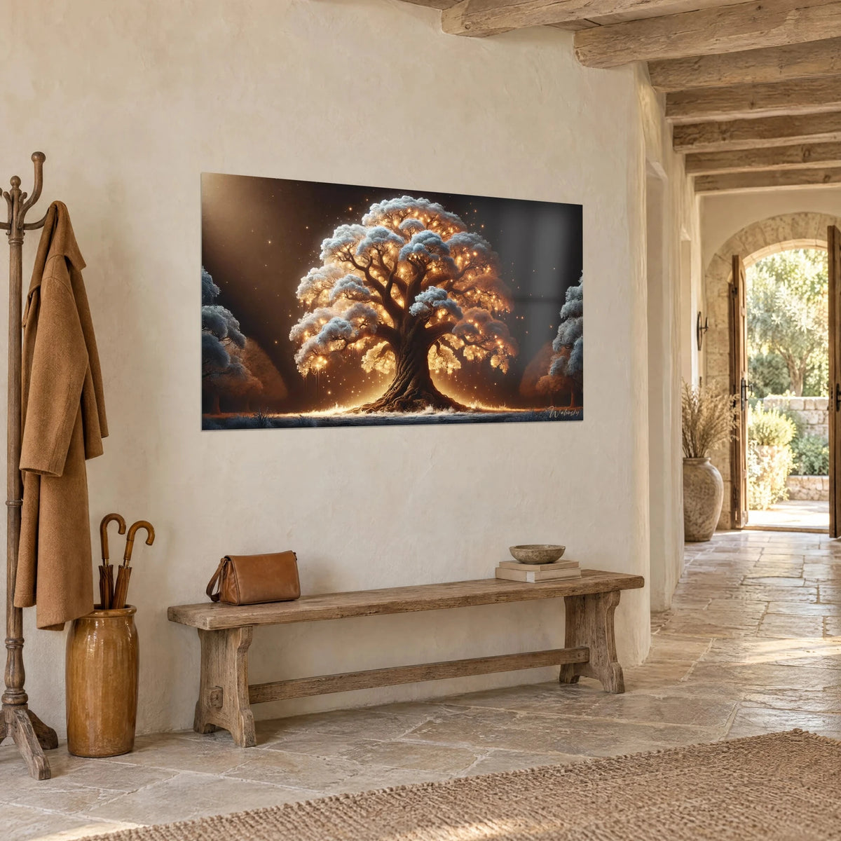 Wall art tree of life crowned with bluish frost and amber points of light, seen three-quarter view in a stone house