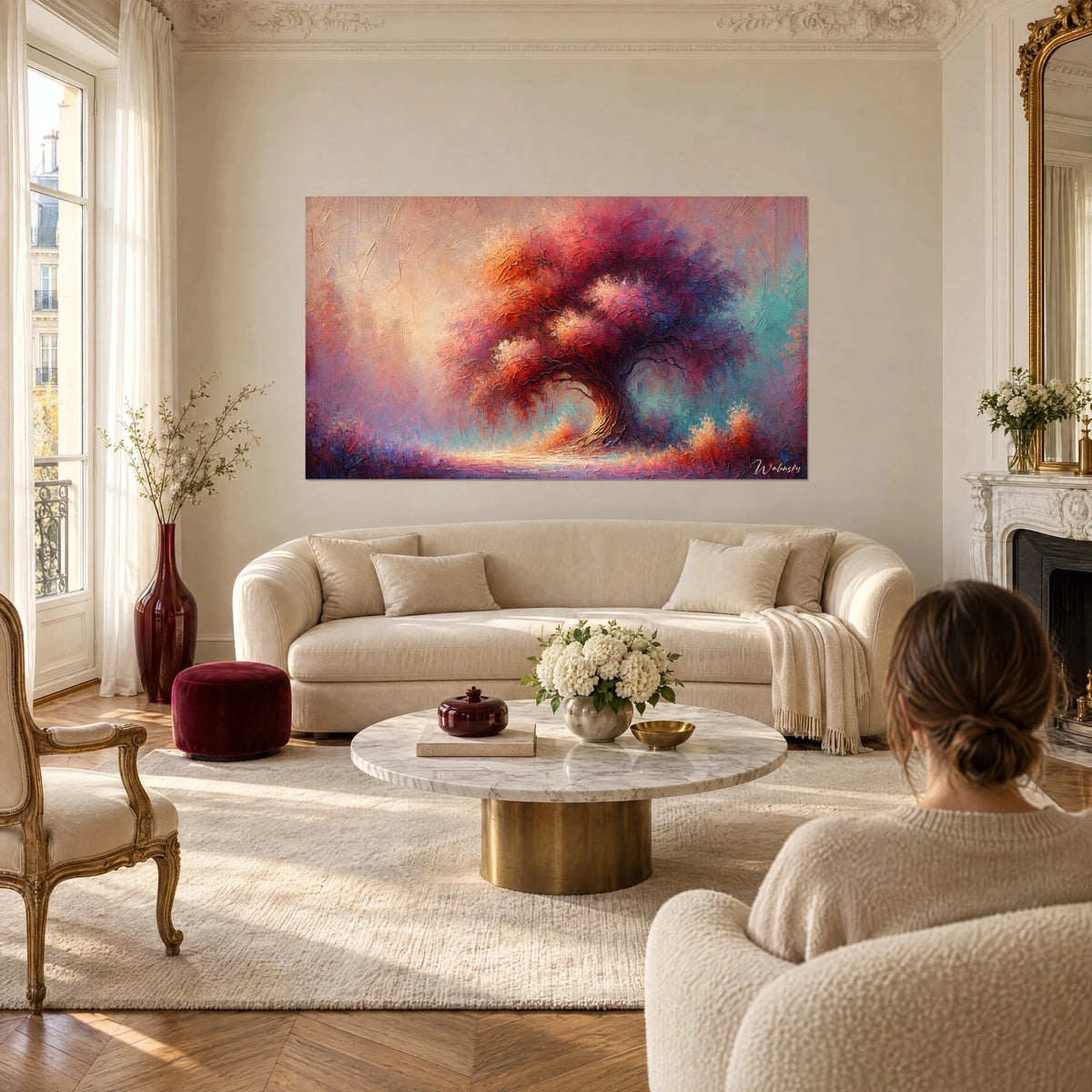 Schilderij flamboyantboom met karmijnrood en roze gebladerte, dik impasto, een vrouw van achteren, boven een bank in een lichte woonkamer