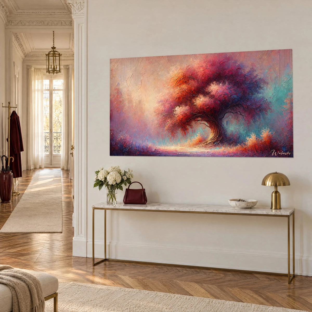 Schilderij eik met pastelkleurige bloesems en turquoise lucht, driekwart zicht, dikke penseelstreek, boven een vergulde console